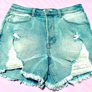 AND NOW THIS high rise girlfriend fit distressed jean shorts